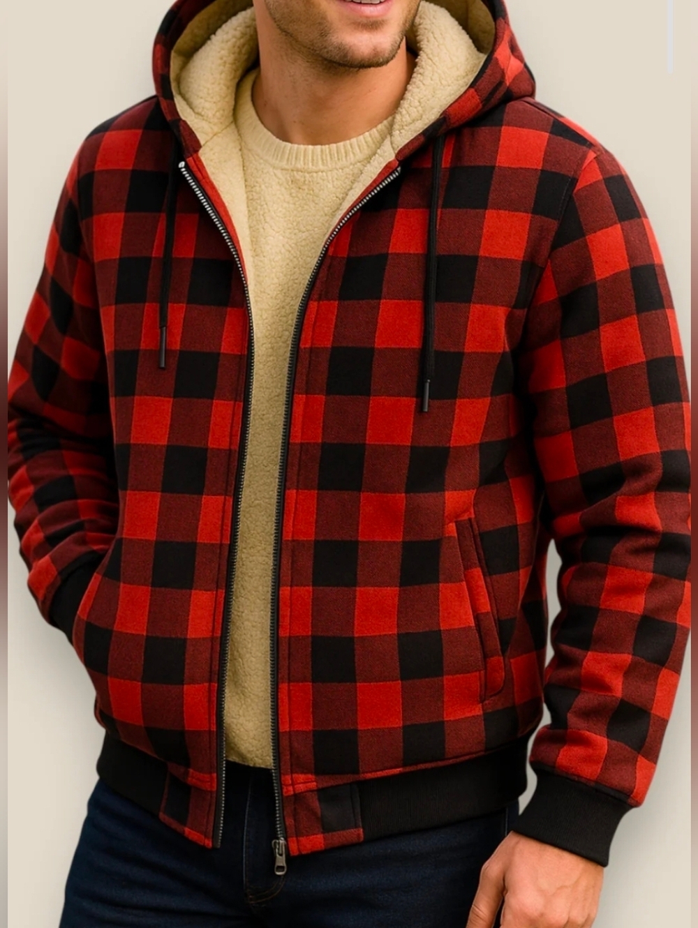 NWOT SR GERMANY Jacket Mens M Red Buffalo Check Plaid Fleece Bomber Sherpa Lined